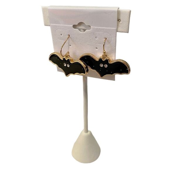 Spooktacular Sparkly Black Bat Earrings w/ Crystal Eyes. - Picture 2 of 6
